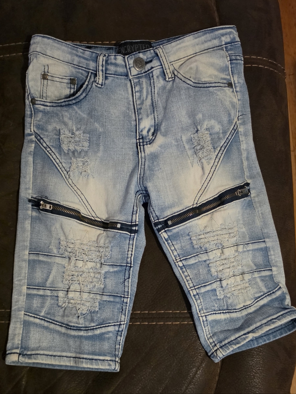 Encrypted Light Blue Distressed Kids' Denim Shorts with Zipper Detail Size 14